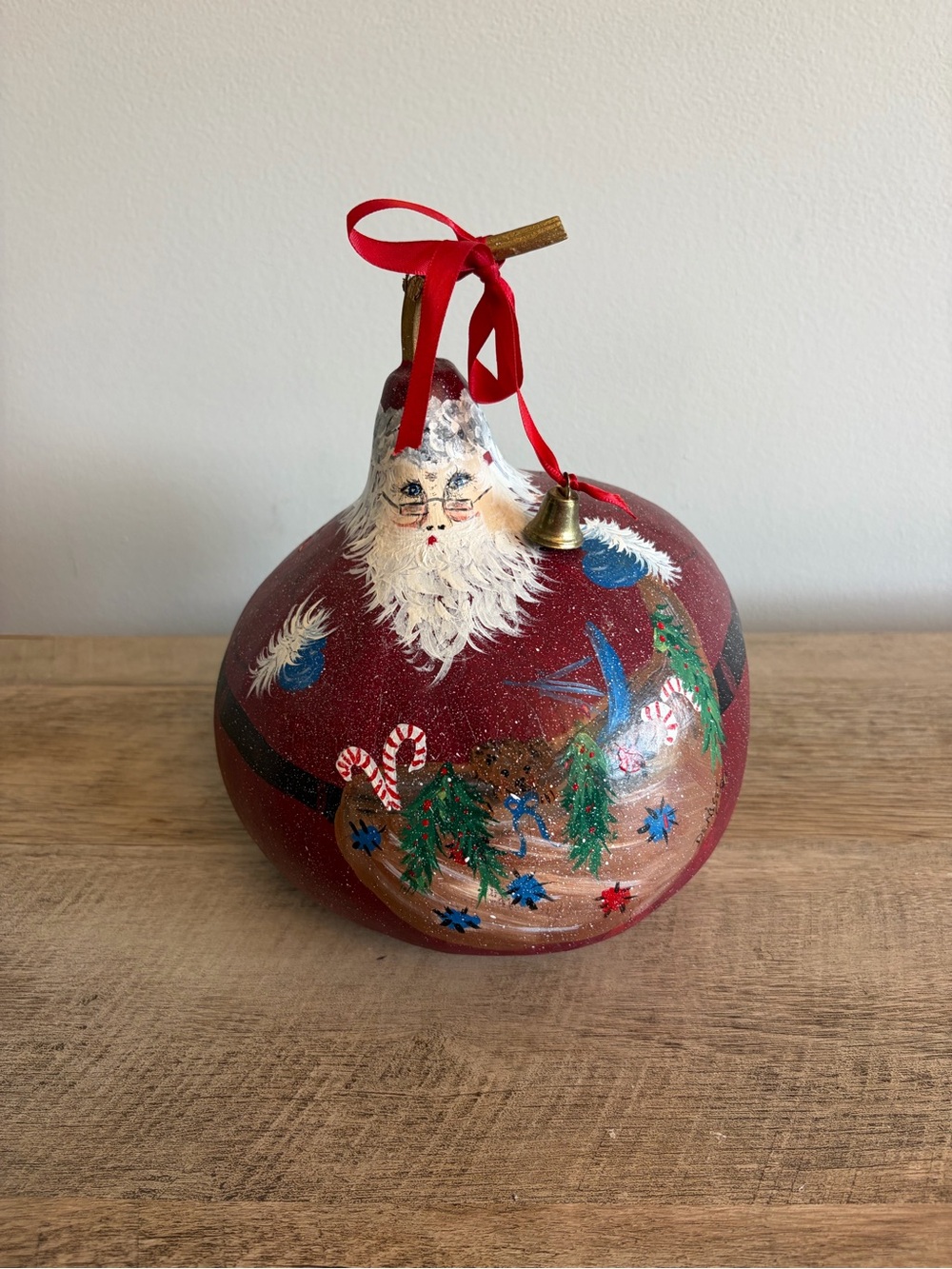 large Hand Painted Santa Gourd St Nick Sack of Toys Bell Bow Signed 9"
